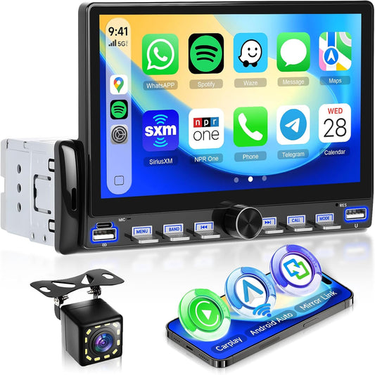 Hodozzy Autoradio 1 DIN met draadloze Carplay Android Auto, 7 inch touchscreen autoradio 1 DIN Bluetooth, spiegellink, FM Type-C/USB/AUX, MP5-online videospeler met achteruitrijcamera