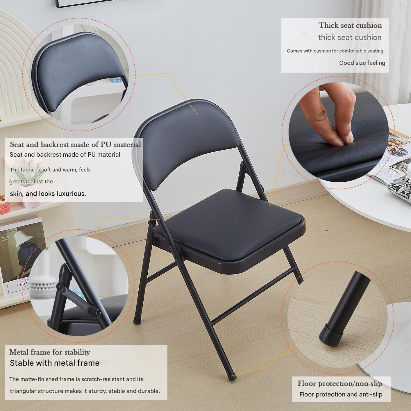 Klapstoel - Vouwstoel - Eettafelstoelen - Set van 4 - Opklapbare Stoelen - Draagbare - Makkelijk  Opbergbare - met Metalen Frame - voor Binnen - Buiten - Kantoor - Kamperen - Vinyl - 46 x 46 x 75 cm - Zwart