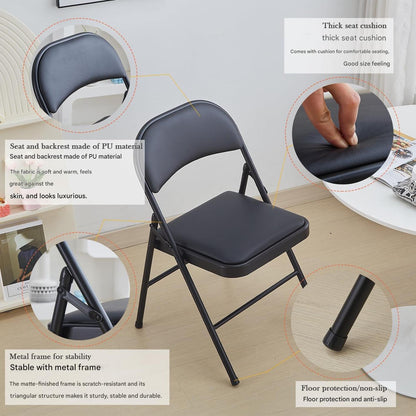 Klapstoel - Vouwstoel - Eettafelstoelen - Set van 4 - Opklapbare Stoelen - Draagbare - Makkelijk  Opbergbare - met Metalen Frame - voor Binnen - Buiten - Kantoor - Kamperen - Vinyl - 46 x 46 x 75 cm - Zwart