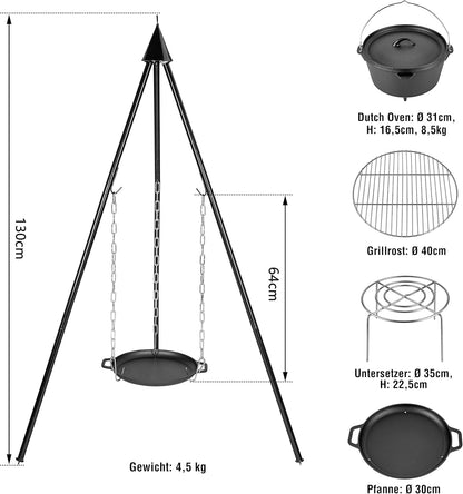 Bruzzzler Zwenkgrill met driepoot, draaibare grill met via kettingtrekkoord in hoogte verstelbaar grillrooster, voor thuis en onderweg, eenvoudig te gebruiken, Dutch Oven als vuurschaal te gebruiken