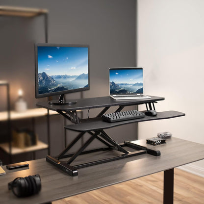 Vivo DESK-V036KB Height Adjustable Desk Attachment, Sit-Stand Dual Monitor Workstation and Laptop with Wide Keyboard Tray, Black, 36 Inch - QUORE