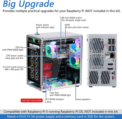 Freenove Raspberry Pi 5 Case Kit Pro, Dual M.2 NVMe SSD Slots, 5 PWM ARGB Fans Light Sync, CPU Tower Cooler, 4.3" Touchscreen, Stereo Speakers, 3.5 mm Audio (SSD NOT Included)