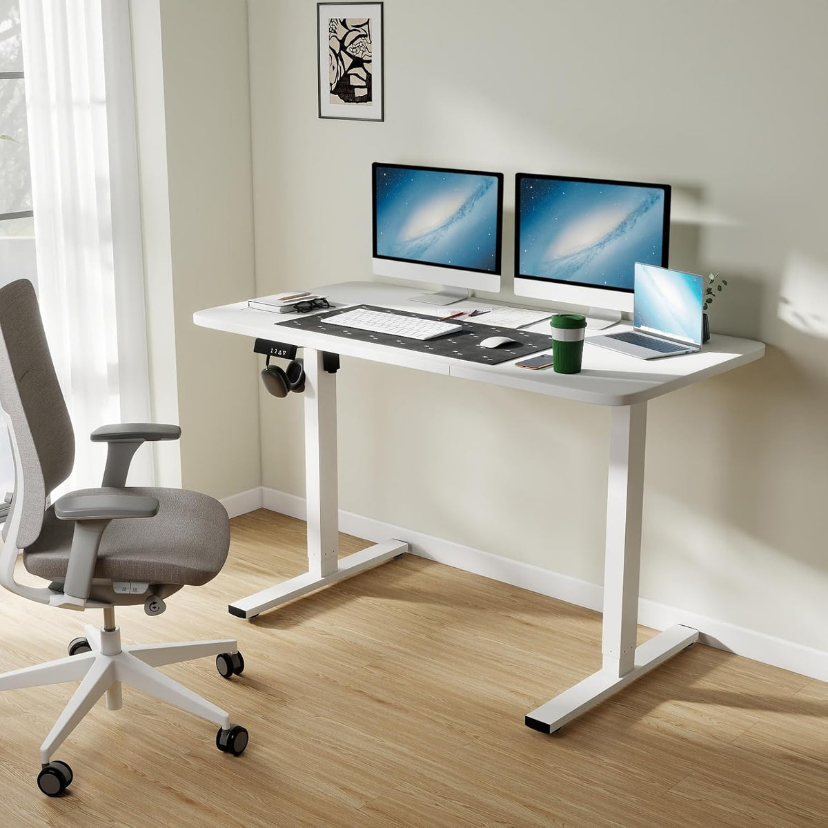 Desk, Height Adjustable, Electric, 120 x 60 cm, Computer Table with Memory Control, Ergonomic Standing Desk, White - QUORE