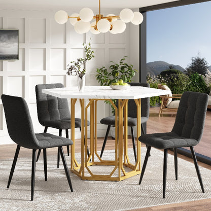 Hexagon Marble Table - White & Grey Veining Marble Top with Golden Metal Legs, Modern Retro Hexagonal Dining Desk, No Assembly Required, Marble Countertop Kitchen/Breakfast Table for Small Spaces, Durable Non-Wood Furniture