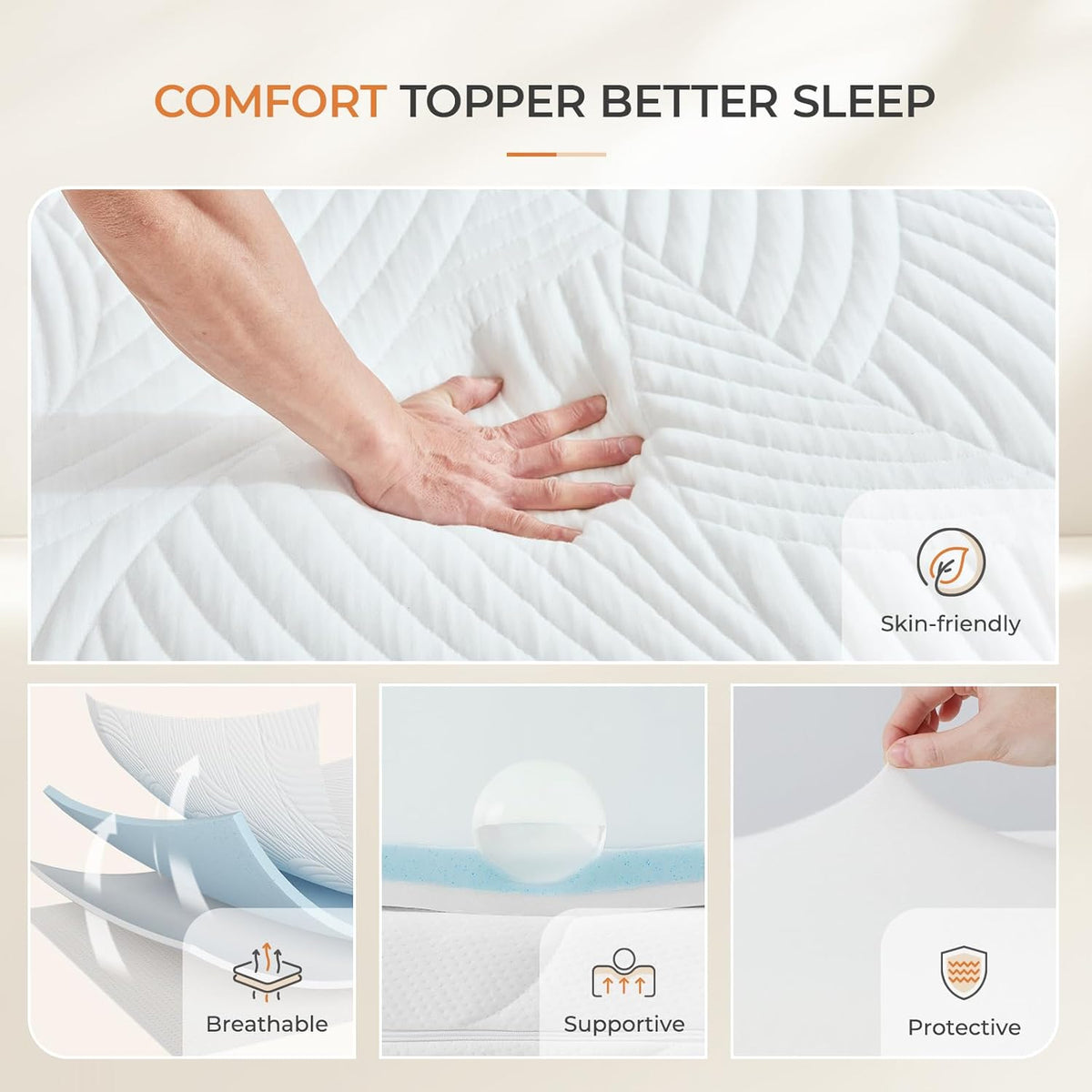 Matrastopper – Topper – Matrasbeschermer – Matrasverbeteraar – Slapen – 180 x 200 cm – Gel Traagschuim – Afneembare Wasbare Hoes