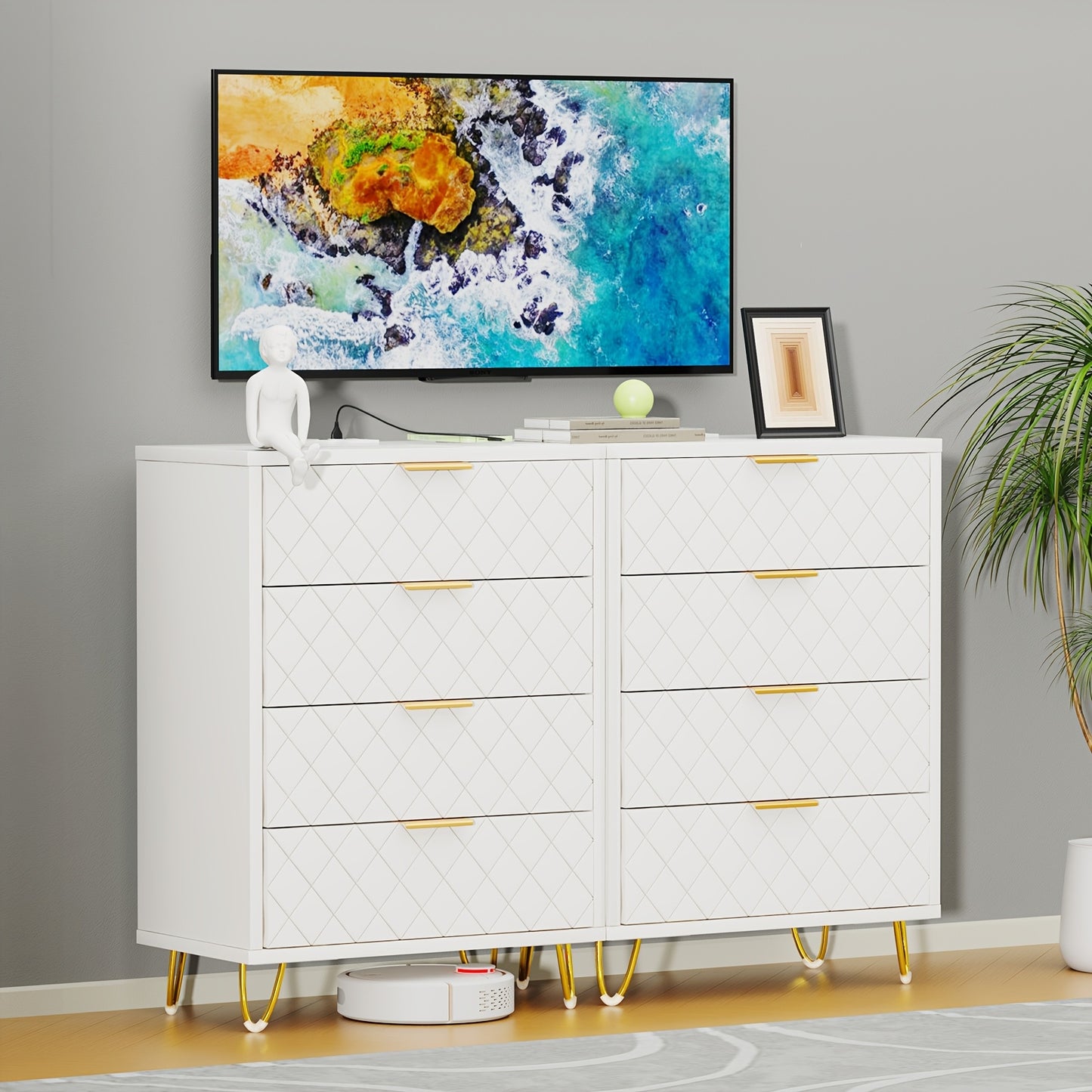 Modern White & Golden Storage Cabinet with PU Drawers - Heavy-Duty Organizer with Metal Handles, Space-Saving Design for Living Room, Bedroom, Entryway - Easy Assembly, Sturdy Construction, Cabinet Storage, Bedroom Furniture,