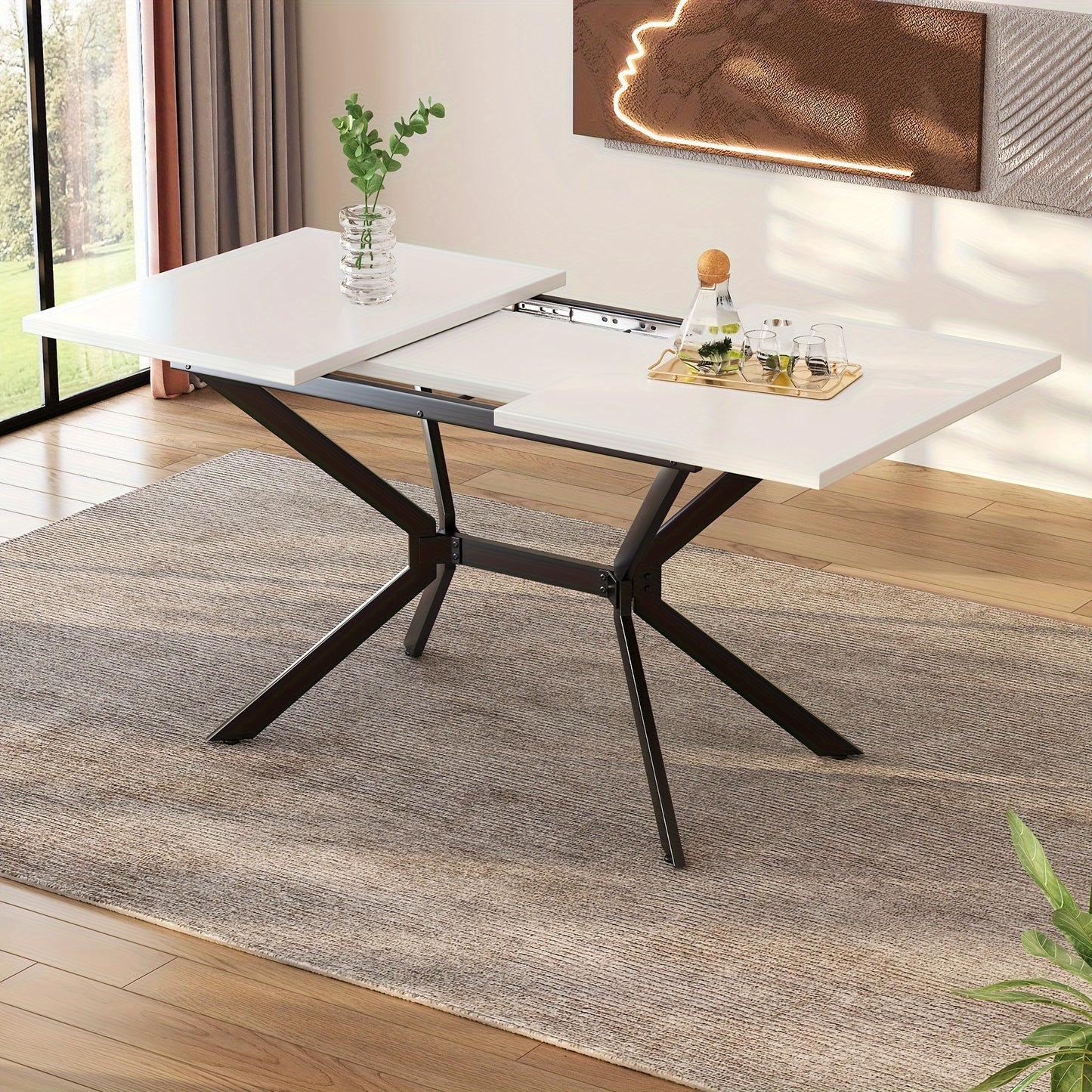 Uitklapbare Eettafel – Uitschuifbare Tafel – Verlengbare Eettafel – Klaptafel – Keukentafel – Mat Wit MDF – Zwarte Metalen Poten – 120-160x80 cm – Geschikt Voor 4-6 Personen