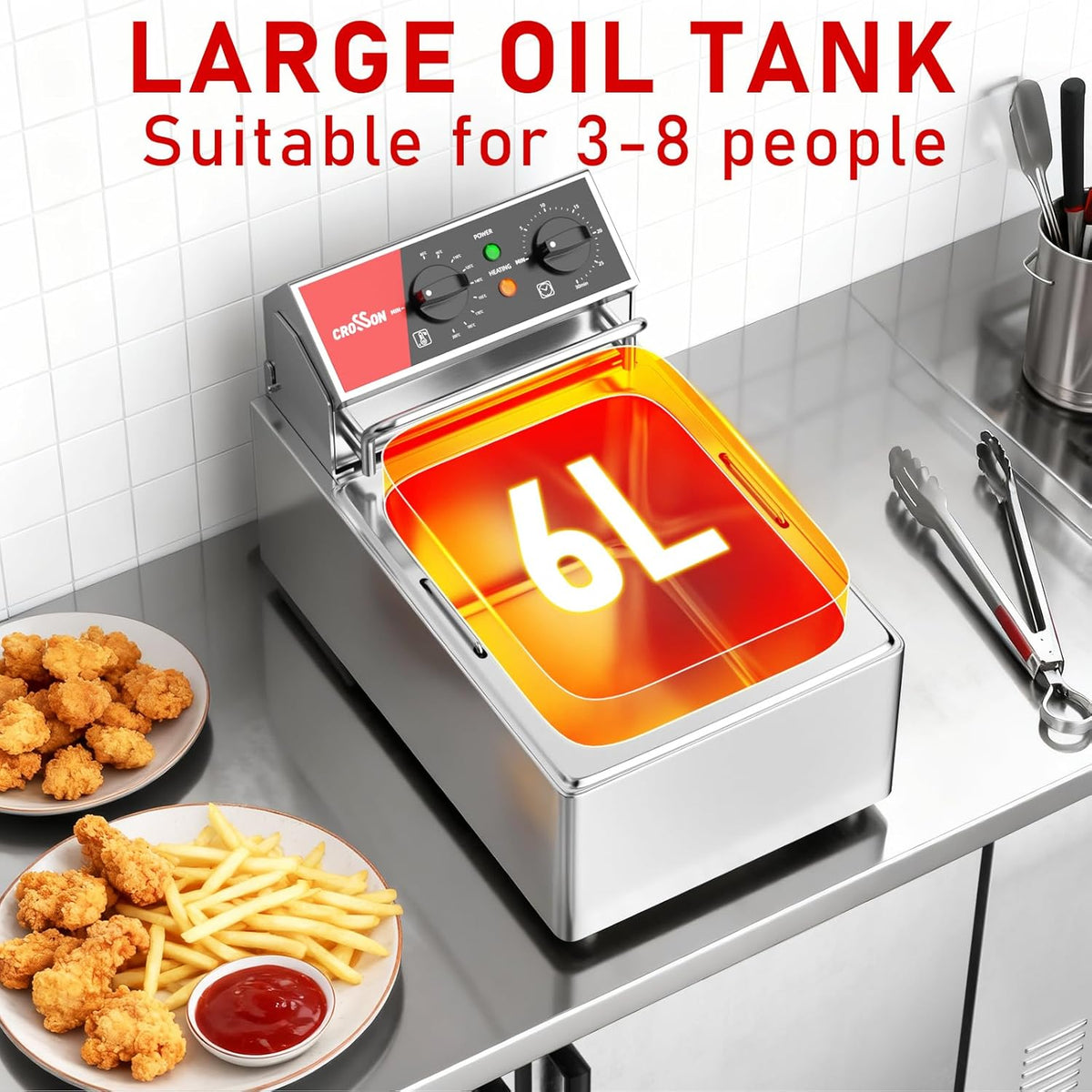 CROSSON Elektrische opzetfriteuse met gemakkelijk te reinigen roterende friteuse kop, timer 30 minuten, afneembare olietank 304 SS met handvat (6 l enkele tank)