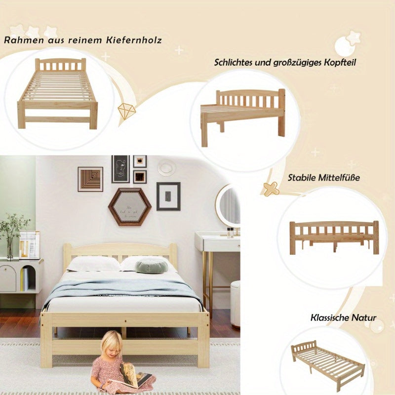 Bedframe – Eenpersoonsbed – Jeugdbed – Logeerbed – Slaapkamerbed – Massief Hout – 90x200 cm – Vooraf Gemonteerd – Lattenbodem – Klassiek Minimalistisch Design