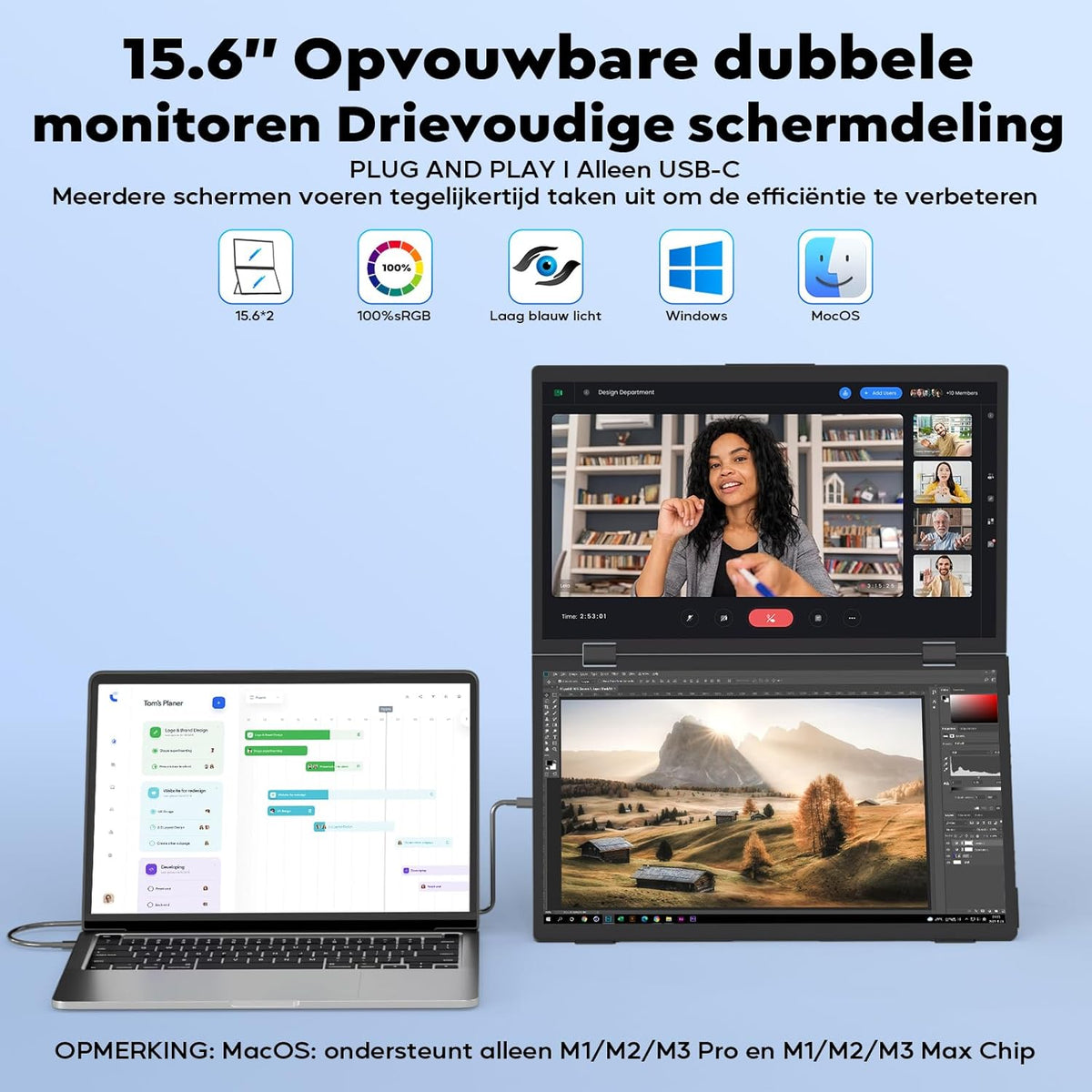 HONGO Portable Monitor for Laptop, 15.6 Inch 1080P FHD Dual Screen IPS, Portable Screen 360°Rotación and USB-C Port, Portable Monitor for Laptop/PC/Mac/PS4/5/X-BO/Teléfono (No Driver) - QUORE