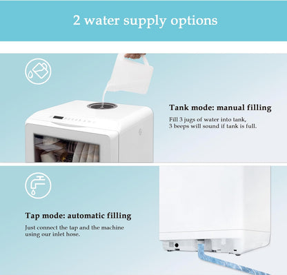 Mini Table Dishwasher, Portable, 5 Programs, Two Water Supply Modes with Touch Control, LED Display, Fruit Wash, Free Installation, White