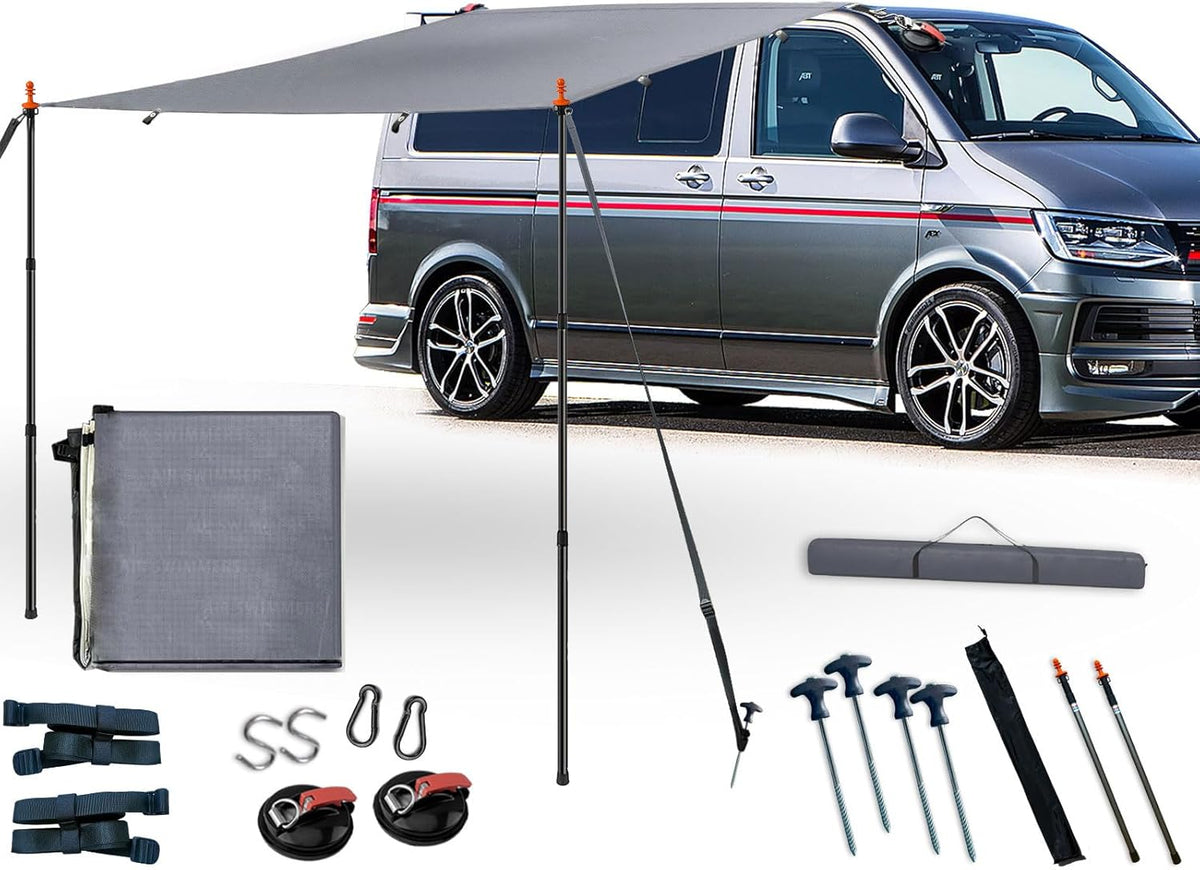 Zonnezeil met bies, luifel voor auto, V-w T5, camping, luifel, autoluifel, met kederrail (4-6 mm), T4, T6, waterdicht, anti-uv, tent stangen, zuignap