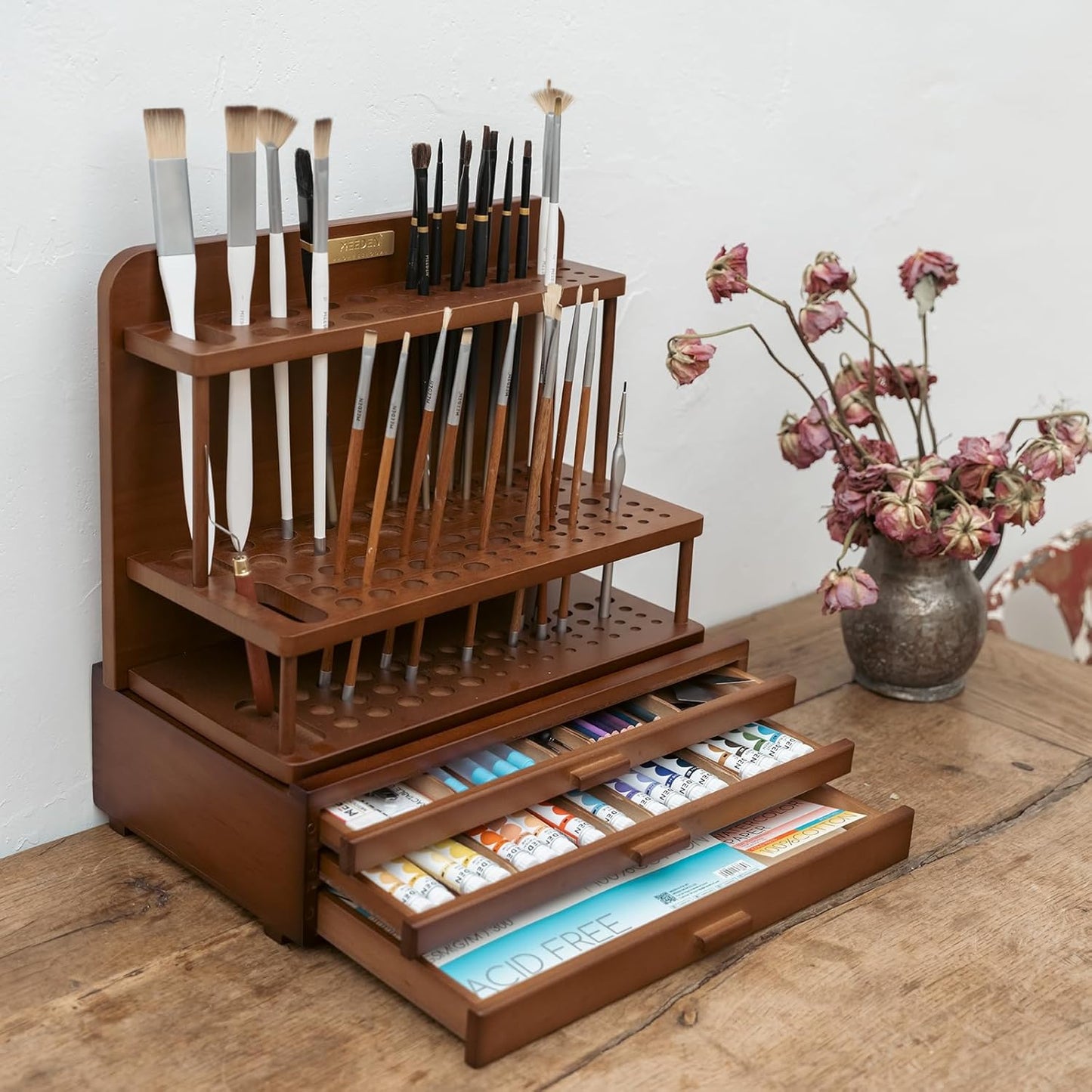 MEEDEN PRO Brush Holder, 2 Tier Wooden Brush Organizer for Large Capacity Art Supplies Storage for Computer, Crafts - QUORE