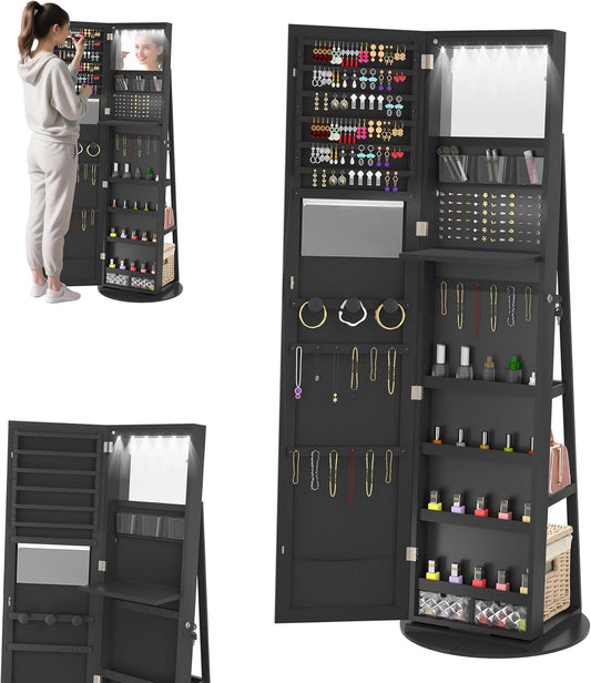 Sieradenkast – Sieradenopberger – Spiegelkast – Make-up Kast – Opbergkast – Zwarte 3-in-1 Kast – 360° Draaibare Spiegel – Verlichte LED Binnenkant