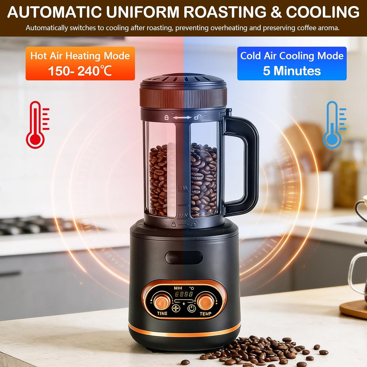 Koffiebrander met hete lucht, 200 g, 2200 W, automatische roostermachine voor koffiebonen, gedeelde koffiebonen, timer en timer traploos regelbaar, ideaal voor thuis en café