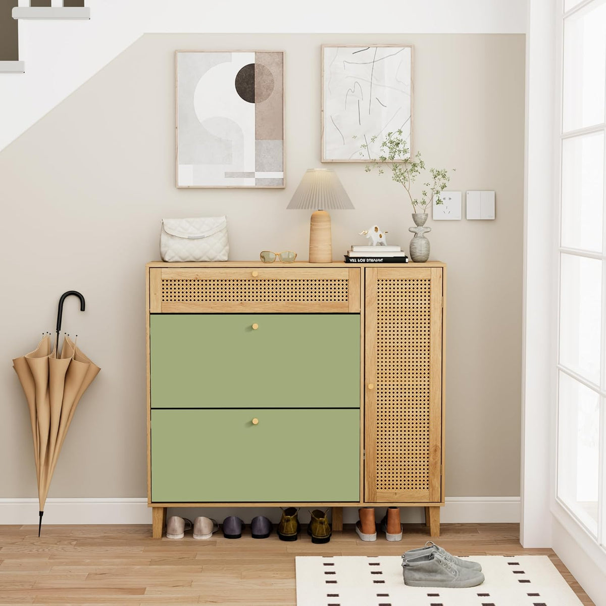 Schoenenkast – Schoenenrek – Entreekast – Opbergkast – Schoenopberger – Groen en Naturel – Compact 24 cm Diep – Verstelbaar Binnenrek