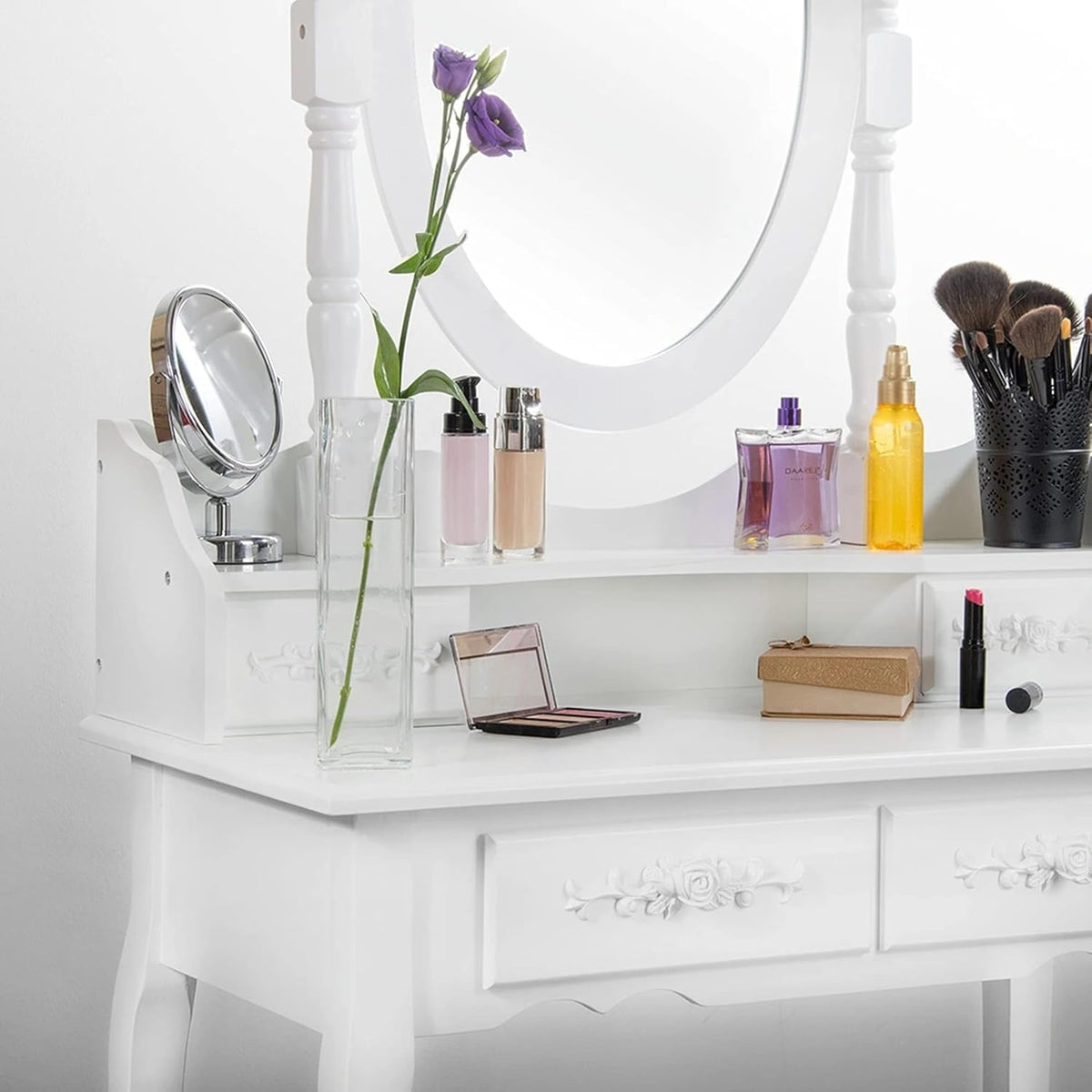 ML-Design Dressing Table White, Dressing Table with Mirror, Stool and 4 Drawers, 75 x 140 x 40 cm, Country Style, Cosmetic Table for Women & Girls, Dressing Table Made of MDF Wood, Dressing Table - QUORE