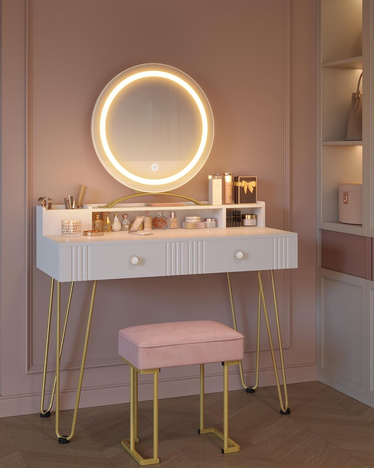 Hzuaneri Dressing Table with Stool and Lighting,Dressing Table with Mirror,40×90×140CM,Dressing Table with Drawers,Pink Upholstered Stool,Bedroom,Modern,Matte White and Gold,DT42403XEU