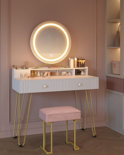 Hzuaneri Dressing Table with Stool and Lighting,Dressing Table with Mirror,40×90×140CM,Dressing Table with Drawers,Pink Upholstered Stool,Bedroom,Modern,Matte White and Gold,DT42403XEU