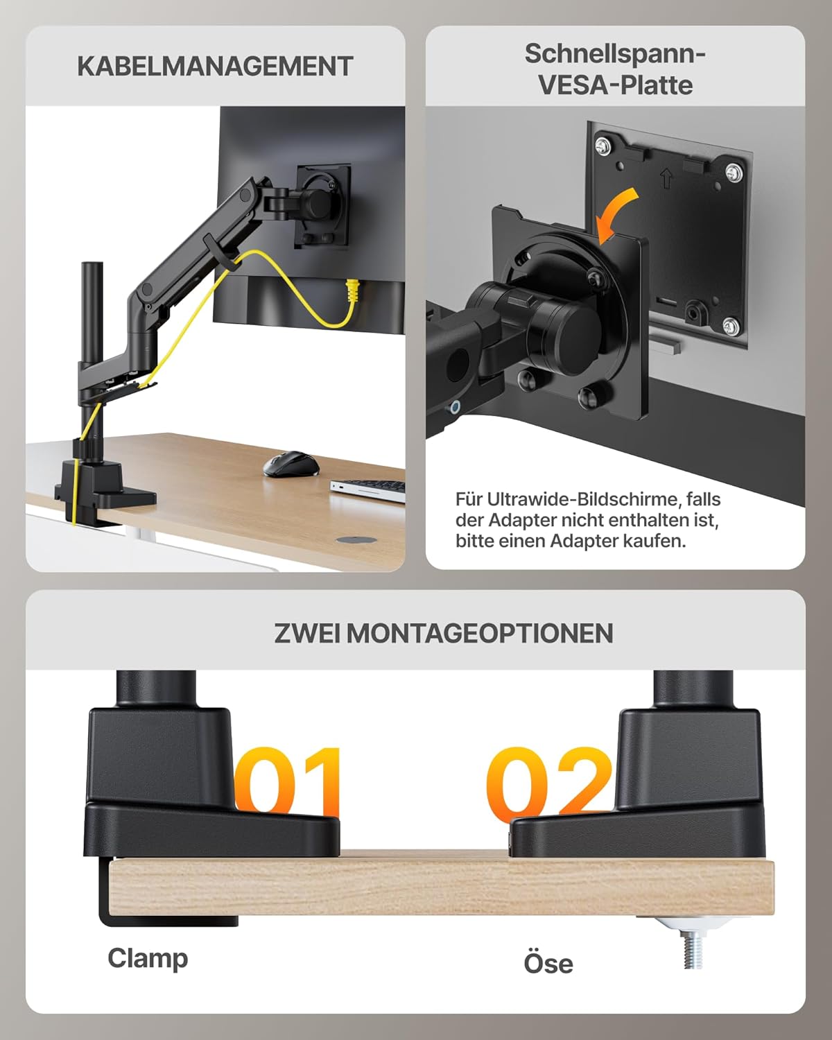 monTEK Zware Enkele Monitorarm voor 17-57 inch Schermen tot 27 KG, Gasveer Dubbele Gebogen Verstelbare Monitorstandaard voor Bureau, 75/100mm VESA-bevestiging met USB, Zwart