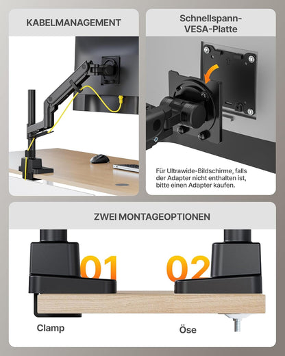 monTEK Zware Enkele Monitorarm voor 17-57 inch Schermen tot 27 KG, Gasveer Dubbele Gebogen Verstelbare Monitorstandaard voor Bureau, 75/100mm VESA-bevestiging met USB, Zwart