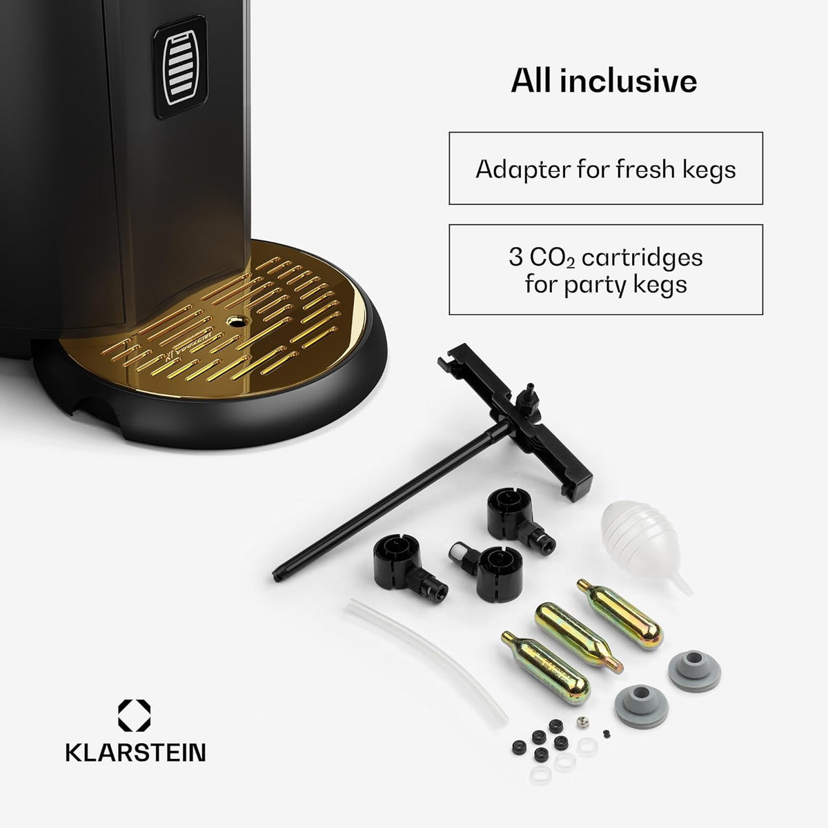 KLARSTEIN Beerkules Bierdispenser - 5 liter vaatcompatibiliteit, ultrasnelle koeling, instelbare temperatuur, CO2-cartridgesysteem, LCD-display, zwart-goud - perfecte biermachine voor thuisbars