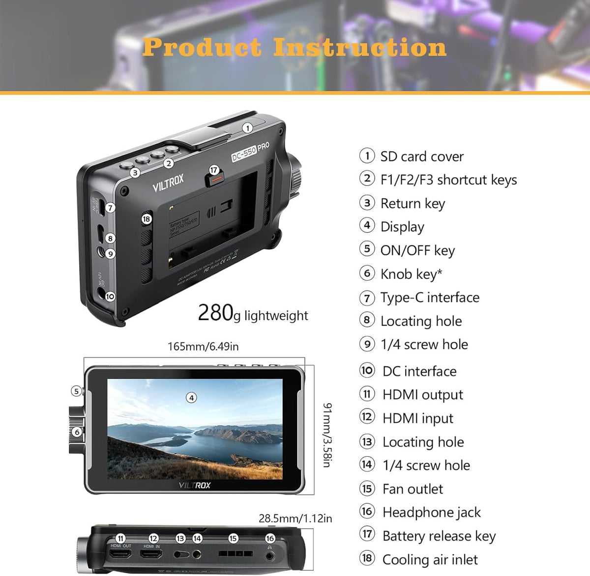 Veldmonitor – Cameramonitor – DSLR-monitor – Monitor voor camera – Fotomonitor – 5,5 inch IPS touchscreen met zonneklep en accu – 1200 nits Full HD 1920 x 1080