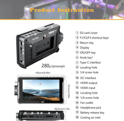 VILTROX DC-550 Pro camera veldmonitor touchscreen 5,5 inch 1200 nits DSLR camera veldmonitor 4K HDMI, Full HD 1920x1080 IPS, 3D LUT met accu, koelventilator en zonnekap, videomonitor