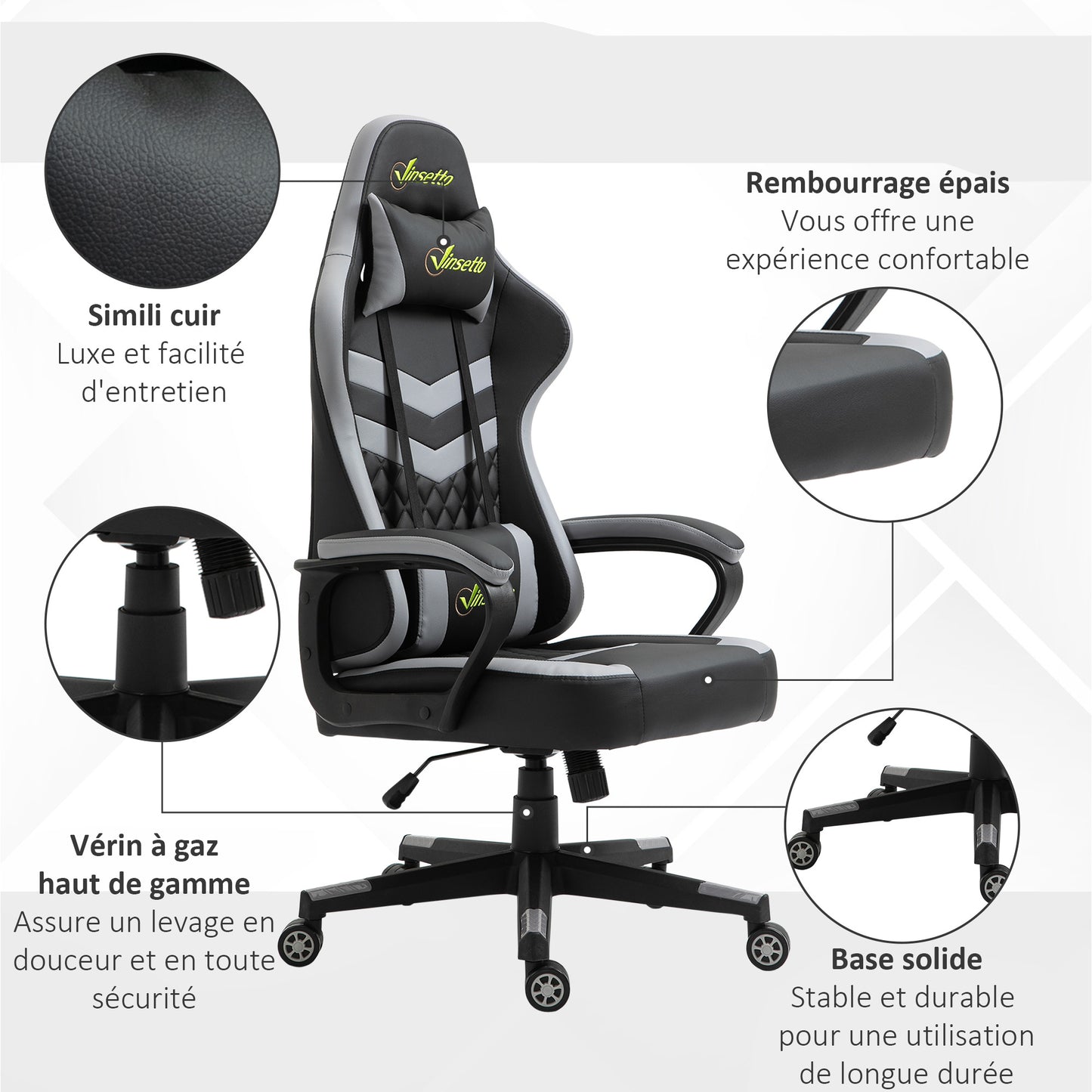 Gamingstoel – Bureaustoel – Gamestoel – Werkstoel – Kantoorstoel – Ergonomisch Design – Verstelbare Hoogte – Afneembare Hoofdkussen – Lendensteun – Zwart-Grijs