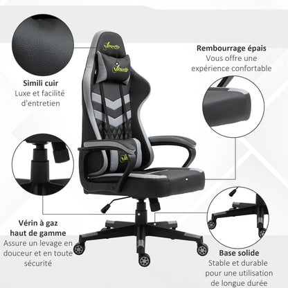 Gamingstoel – Bureaustoel – Gamestoel – Werkstoel – Kantoorstoel – Ergonomisch Design – Verstelbare Hoogte – Afneembare Hoofdkussen – Lendensteun – Zwart-Grijs