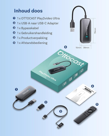 OTTOCAST Play2video Ultra, 2026 Nieuwe Draadloze CarPlay & Android Auto Adapter met YouTube Netflix, 4GB+32GB Plug & Play 5G-chip, WiFi6, CarPlay AI Box voor auto's met bekabelde CarPlay na 2016