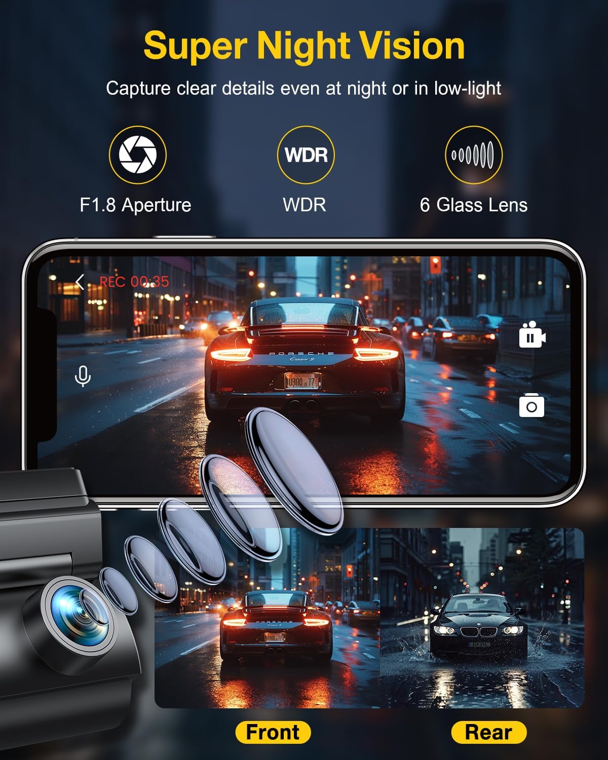 Dashcam Auto Voor En Achter – Auto Camera – Rijcamera – Dubbele Dashcam – Voertuigcamera – 4K Voorcamera En 1080P Achtercamera, WiFi Met App, 170° Brede Hoek