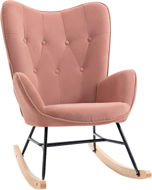 HOMCOM rocking chair with steel frame upholstered recliner chair chair living room recliner lounge with upholstered seat velvety polyester rubberwood metal pink + natural 84 x 70 x 96 cm - QUORE