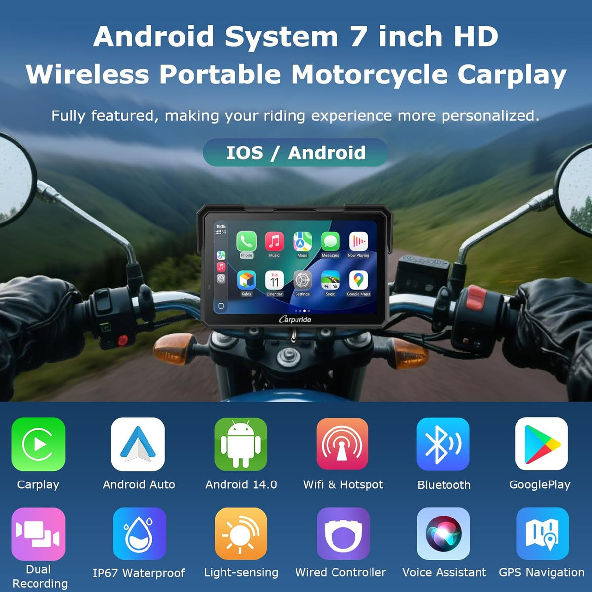 Motorfiets Navigatie – Motornavigatie – GPS Navigatie – CarPlay Scherm – Android Auto – 7 Inch Waterdicht Touchscreen – Dubbele 1080P Dashcam Voor en Achter