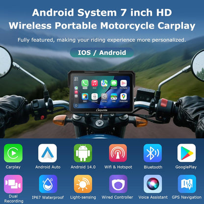 Motorfiets Navigatie – Motornavigatie – GPS Navigatie – CarPlay Scherm – Android Auto – 7 Inch Waterdicht Touchscreen – Dubbele 1080P Dashcam Voor en Achter