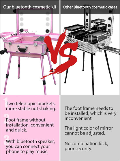 EBANKU Professionele Make-upkoffer, Rolling Makeup Travel Case Trolley Cosmetic Case met Verlichte Spiegel en Bluetooth, Multifunction Artist Cosmetic Case Hairdressing Trolley(Roze)