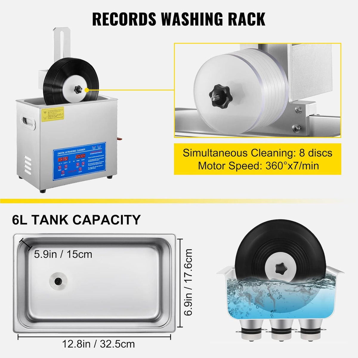VEVOR Ultrasonic Cleaner for Vinyl Plate, 6 L, Professional Ultrasonic Cleaner, Capacity 8 Discs from 178 to 305 mm, Ultrasonic Machine, 180 W, with Dry Holder, for Home Store