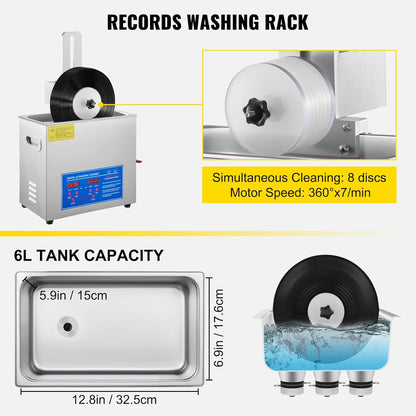 VEVOR Ultrasonic Cleaner for Vinyl Plate, 6 L, Professional Ultrasonic Cleaner, Capacity 8 Discs from 178 to 305 mm, Ultrasonic Machine, 180 W, with Dry Holder, for Home Store