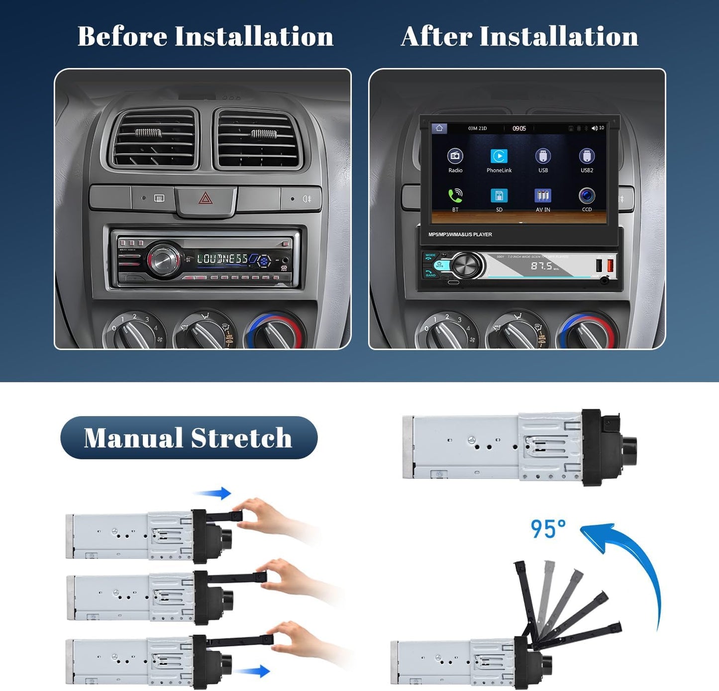 Hikity AM FM Autoradio, 1 Din Wireless Carplay Android Auto, 7 inch handmatig uitschuifbaar display, touchscreen, autoradio met Bluetooth 5.1, handsfree, radio, USB, AUX achteruitrijcamera