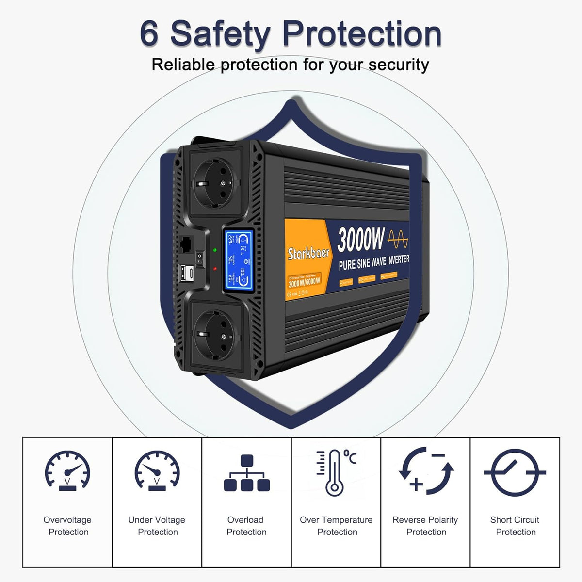 <font dir="auto" style="vertical-align: inherit;"><font dir="auto" style="vertical-align: inherit;">        3000W/6000W 12V to 230V Pure Sine Wave Power Inverter, Car Charger with LCD Display, Remote Control, 2 EU AC Outlets, 1 Type-C and 1 USB Port