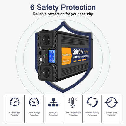 <font dir="auto" style="vertical-align: inherit;"><font dir="auto" style="vertical-align: inherit;">        3000W/6000W 12V to 230V Pure Sine Wave Power Inverter, Car Charger with LCD Display, Remote Control, 2 EU AC Outlets, 1 Type-C and 1 USB Port