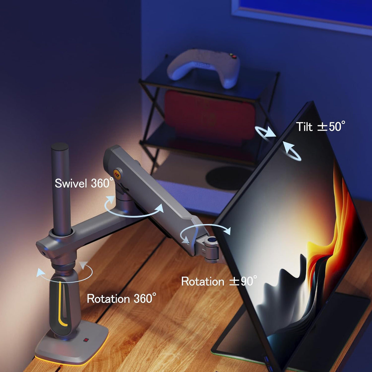 RGB Monitorhouder voor 32 tot 60 inch platte ultrabrede gebogen computerschermen, heavy duty beeldschermstandaard monitor arm 49 57 inch belasting. Max 20 kg, VESA 75 & 100 mm