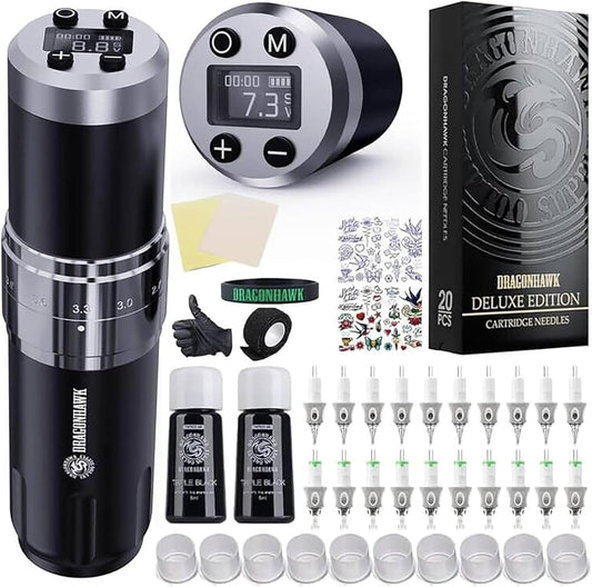 Dragonhawk Wireless Tattoo Gun Kit, Rotary Machine Pen with 2 Replaceble Batteries, 20 Count Glide Extra Smooth Needles Cartridges, Adjustable Stroke Length