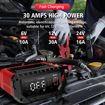 Acculader Auto – Batterijlader 12V – Auto Accu Oplader – Motorfiets Oplader – Oplader Voor Autobatterijen – 6V/12V/24V Automatische Spanning – 9-Traps Intelligente Laadfunctie Met Reparatiemodus