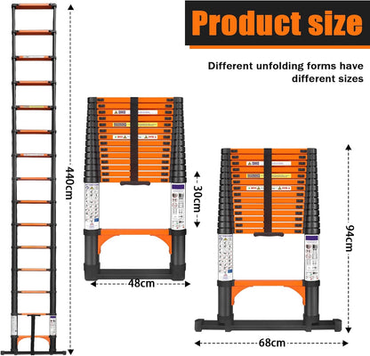 4,4m Telescopische Ladder - Hoogwaardige Uitschuifbare Ladder met Stabilisatoren en Afneembare Haak, Robuuste Draagbare Multifunctionele Rechte Ladder Huisladder Steunladder voor Campers en Zolders