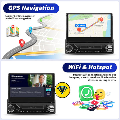 OiLiehu 2+64G Android 13 1-DIN Autoradio met Draadloze CarPlay & Android Auto, 7" IPS Handmatig Inklapbaar Scherm