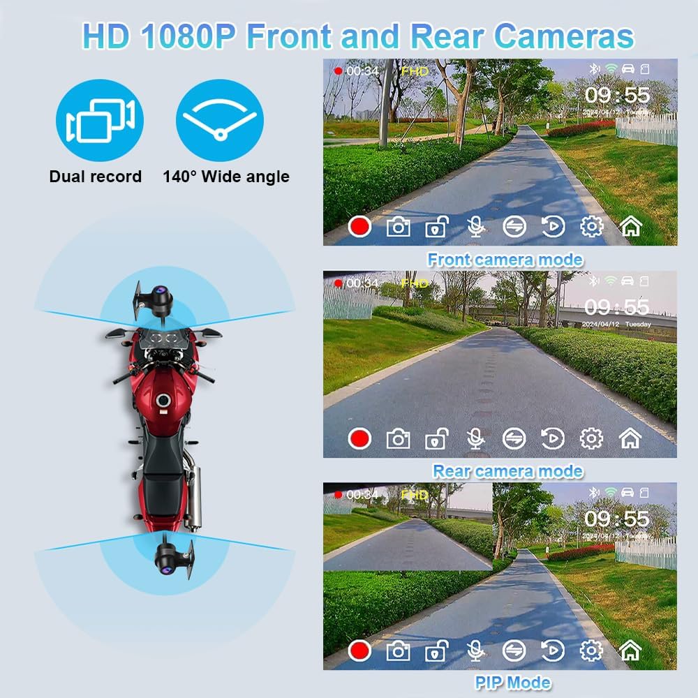 VSYSTO Motorfiets Carplay Scherm, Draadloze Carplay en Android Auto, GPS Navigatie, Parkeermonitoring, Bandenspanningssensoren, 5-Inch WiFi Dashcam 1080P Voor- en Achtercamera (CS5PRO)