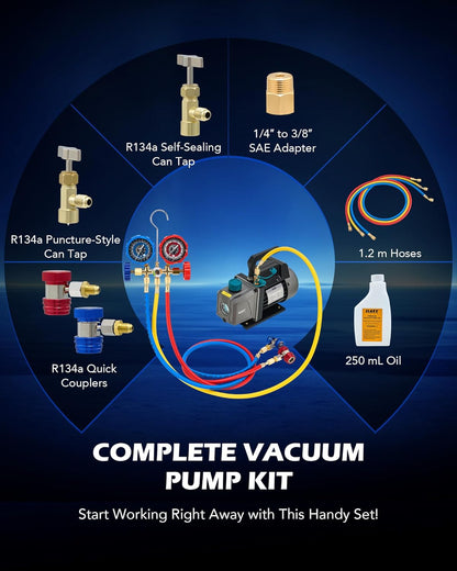Vacuümpomp – Aircopomp – Vacuüm Pomp – Airconditioning Vacuümpomp – Manometerset – Koper Motor – 5,9 m³/uur Debiet – Geschikt Voor R134a R12 R22 R502