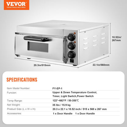 VEVOR Commerciële pizzaoven, capaciteit 40,6 cm, elektrische oven met enkele verdieping, van roestvrij staal, met steen en handvat, multifunctionele pizzamachine voor binnen, voor restaurant, huis