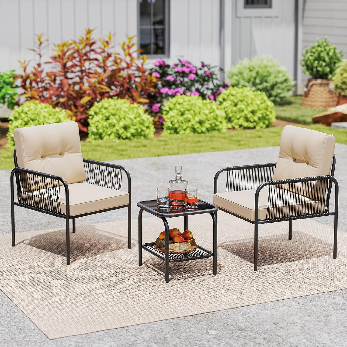 Rattan Tuinmeubel Set – Balkonset – Balkon Meubels – Tuinmeubels – Terras Meubel – 3-delig Met Kussens – Weerbestendig PE Rattan – Tempered Glas Tafel
